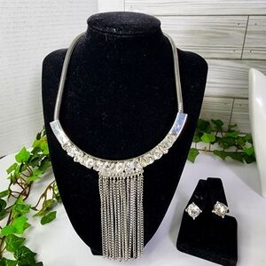 Silver Crystal with Fringe Bar Necklace and Earrings Set